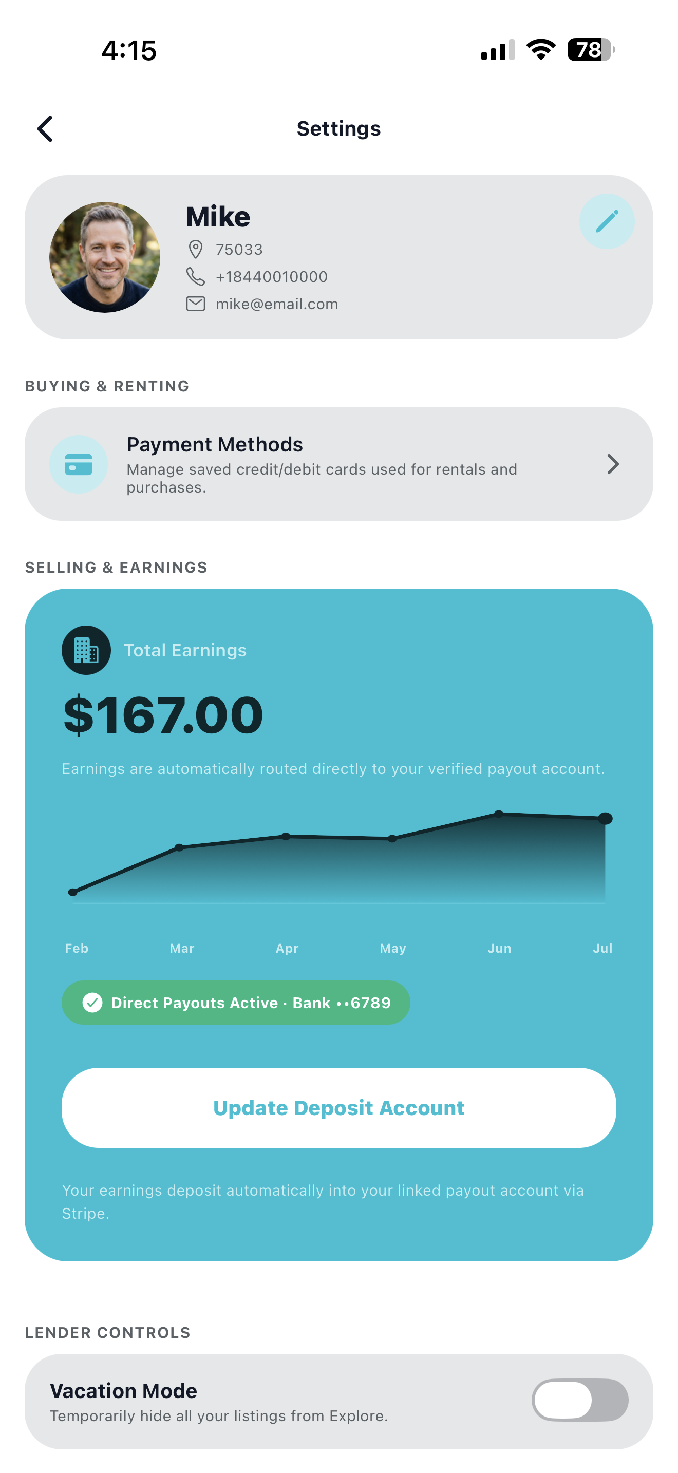Stuffidy settings screen showing total earnings, payout routing, and lender controls