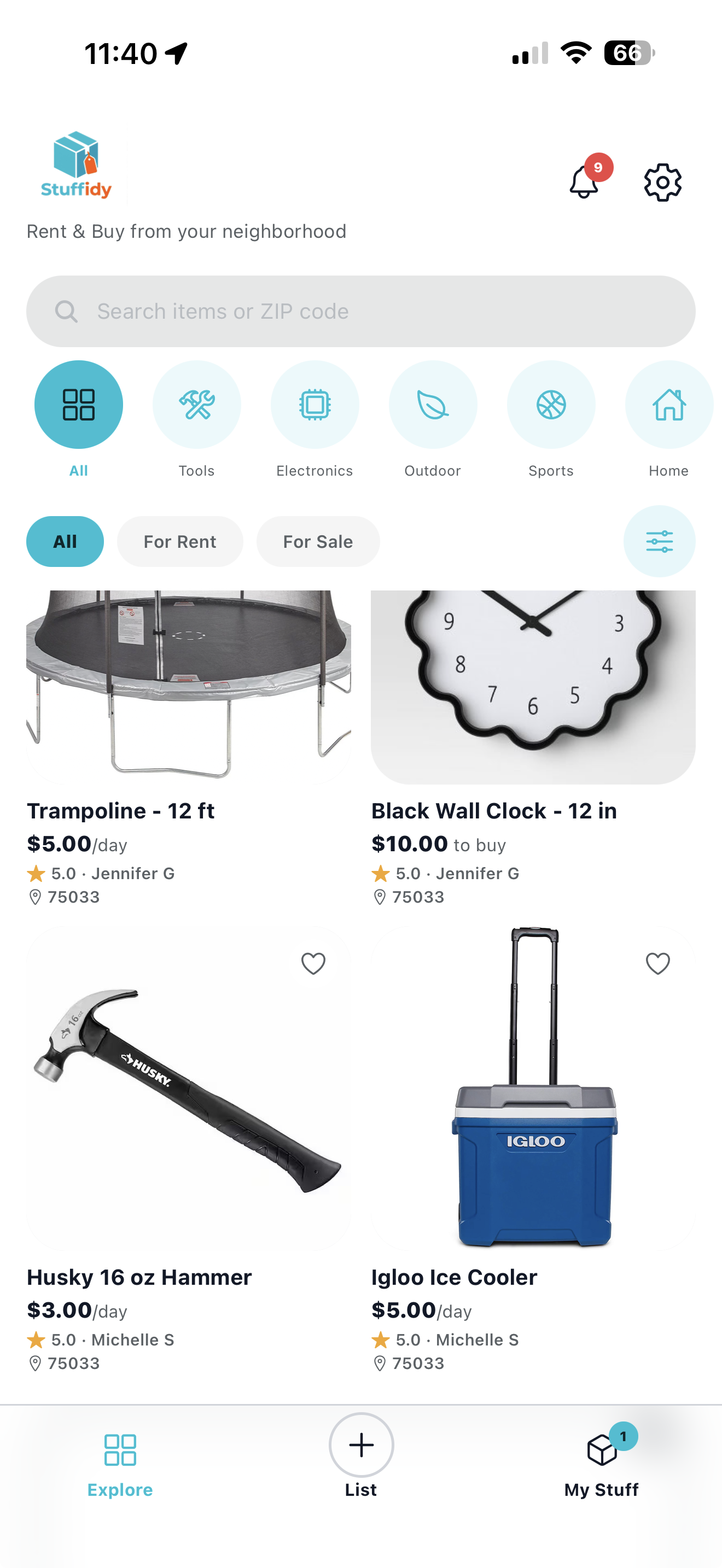 Stuffidy Explore screen showing rentable and for-sale items nearby by category