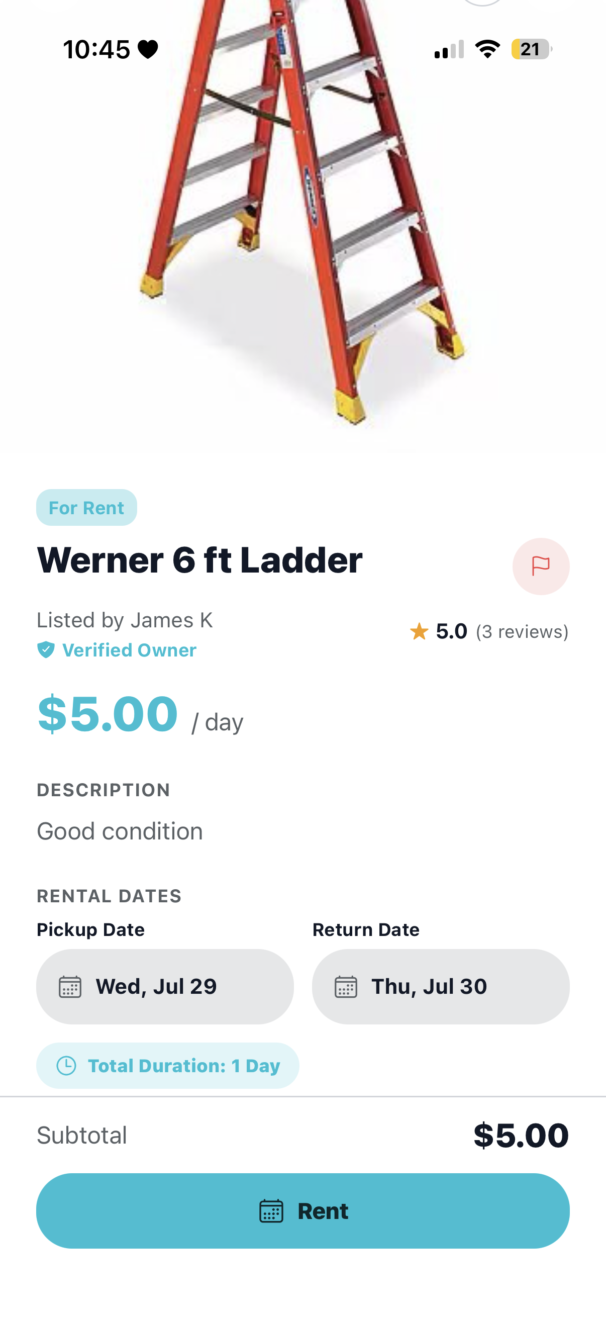 Stuffidy item detail screen for a Werner ladder showing daily price and rental date pickers